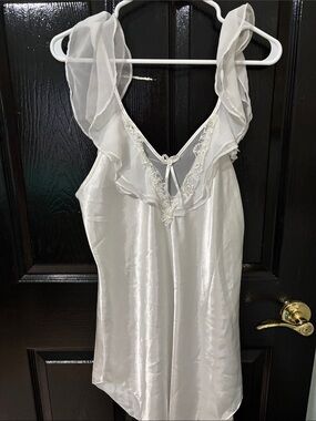 Sheer Ruffle-Trim Satin Chemise - White